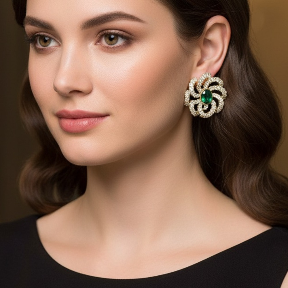 Vintage Emerald And Clear Crystal Round Floral Pendant Earrings